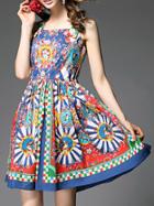 Shein Multicolor Boat Neck Vintage Print A-line Dress