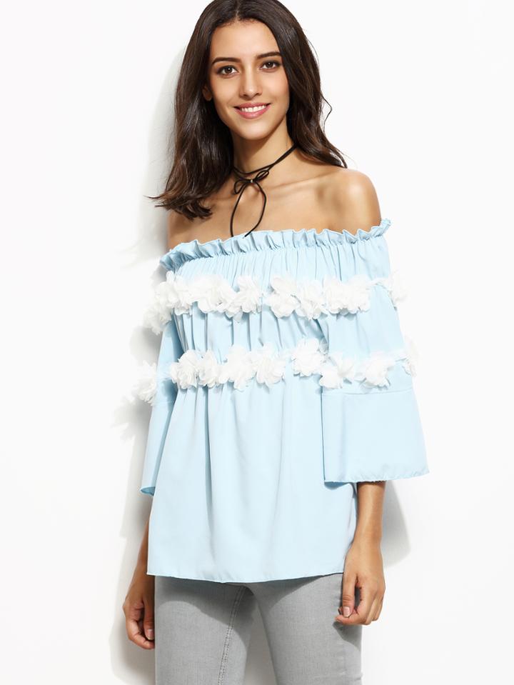 Shein Light Blue Off The Shoulder Ruffle Applique Blouse