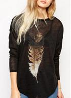 Rosewe Long Sleeve Feather Print Black T Shirt
