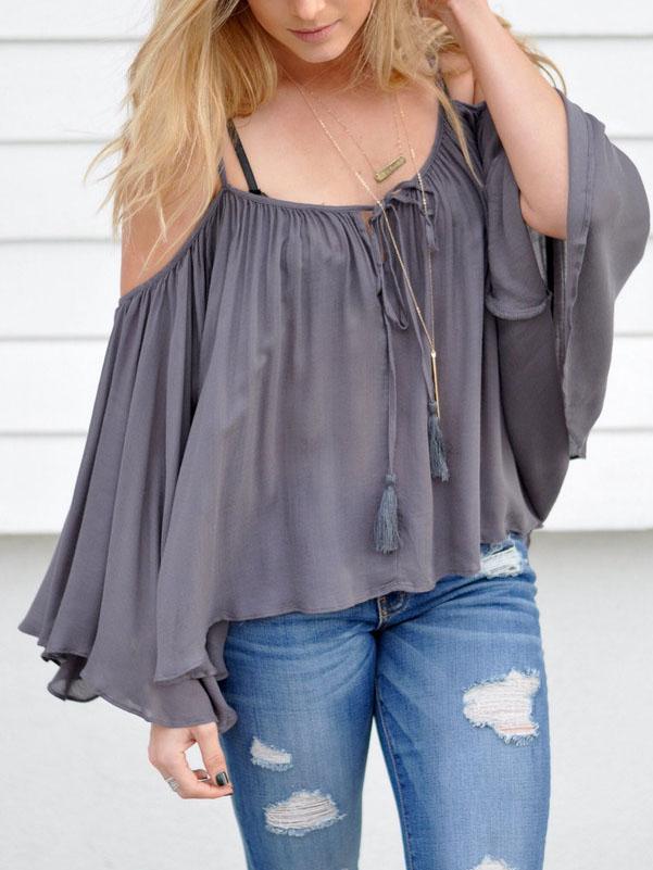Shein Grey Cold Shoulder Bell Sleeve Lace Up Shirt