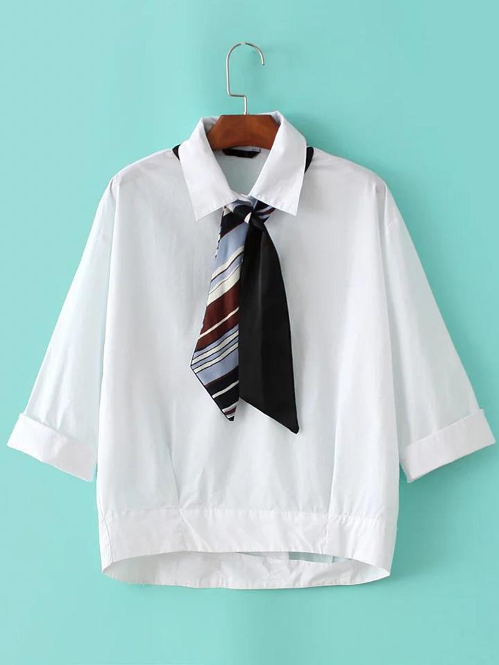 Shein White Lapel High Low Blouse With Tie