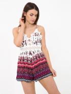 Shein Tribal Print Lace Trim Spaghetti Strap Romper