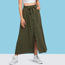 Shein Button & Split Front Belted Solid Skirt