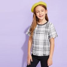 Shein Girls Frayed Trim Tweed Top