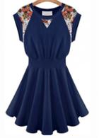 Rosewe Simple Elastic Waist Short Sleeve Navy Blue Dress