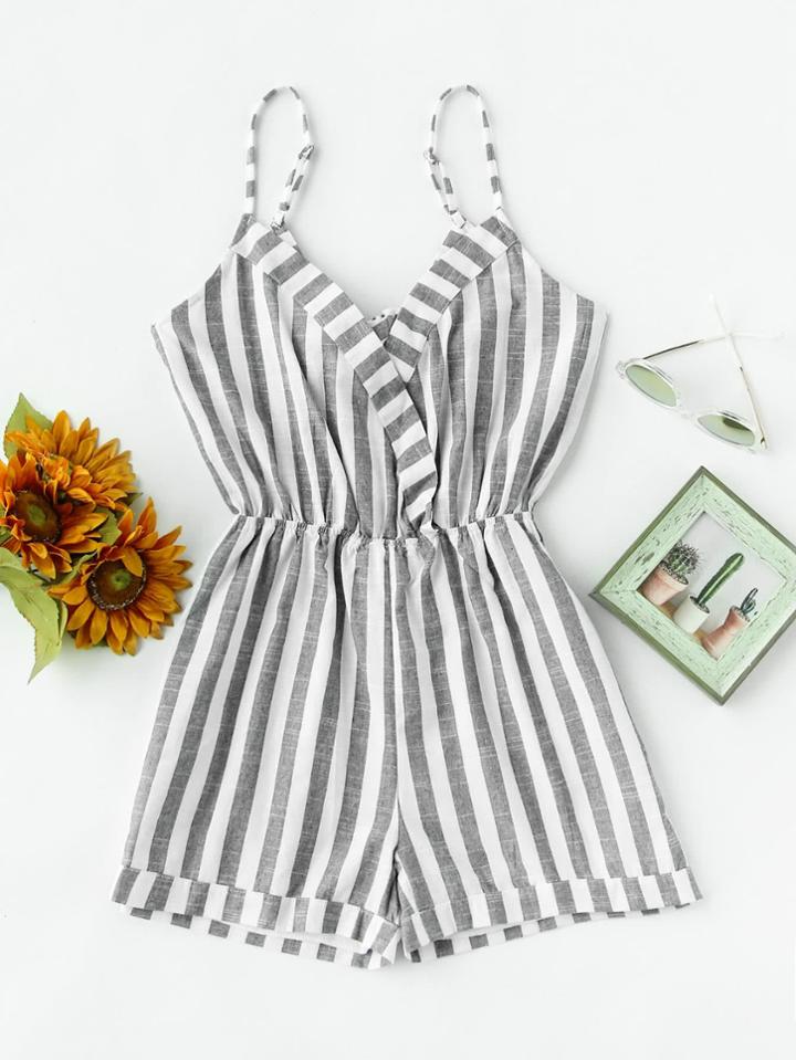 Shein Striped Fold Over Bow Tie V Back Cami Romper