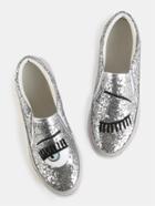 Shein Embroidered Glitter Slip On Sneakers Silver
