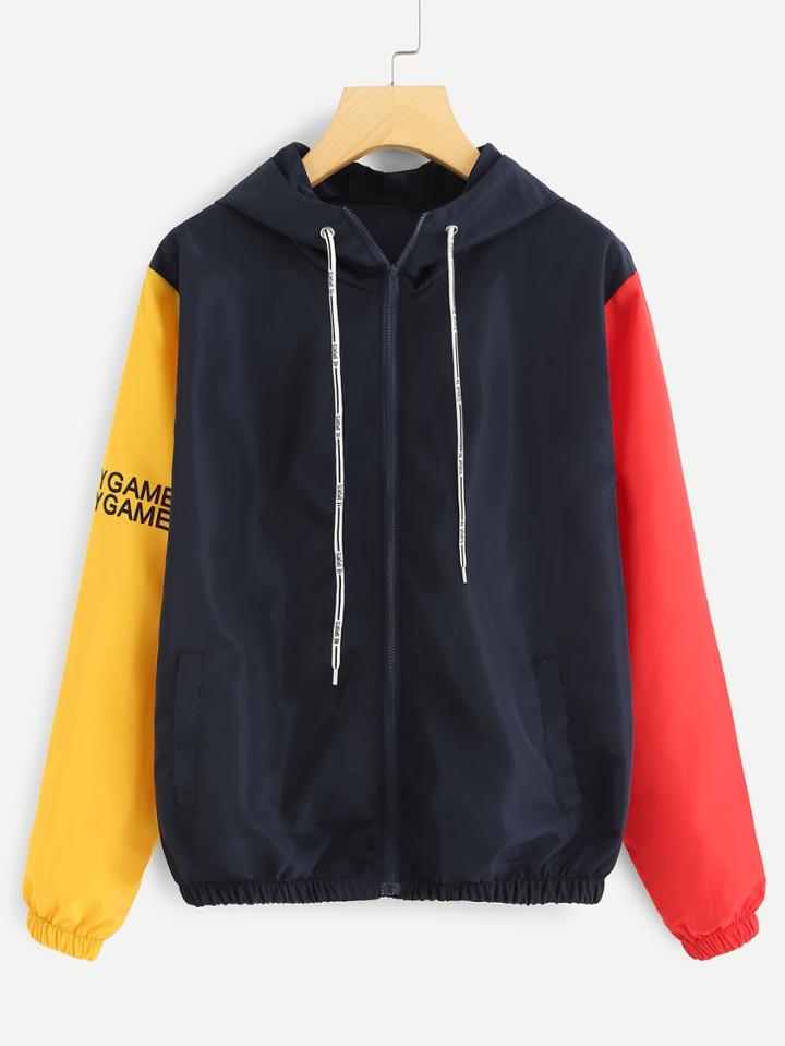 Shein Contrast Sleeve Slogan Print Jacket