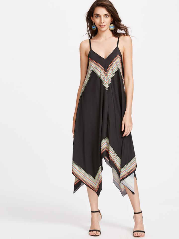 Shein Black Vintage Print Asymmetric Chiffon Slip Dress