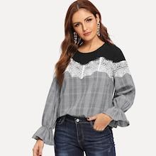 Shein Eyelash Lace Embellished Flounce Sleeve Plaid Top