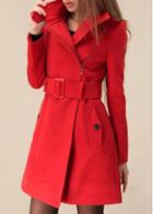 Rosewe Attractive Solid Red Long Sleeve Coat With Belt