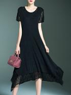 Shein Black Elastic Pleated Contrast Lace Dress