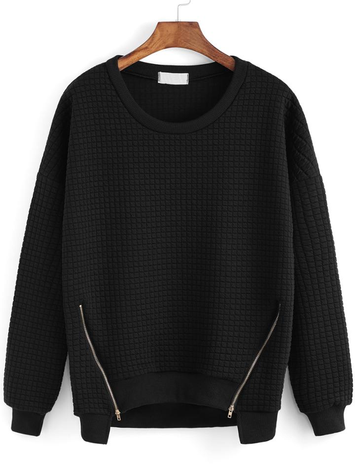 Shein Black Round Neck Zipper Loose Sweatshirt