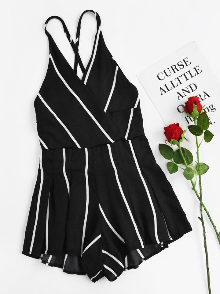 Shein Stripe Surplice Criss Cross Open Back Romper