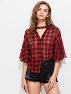 Shein Choker Neck Fluted Sleeve Checkered Blouse