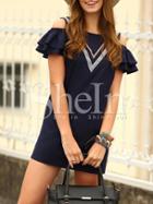 Shein Navy Cold Shoulder Layered Sleeve V Panel Shift Dress