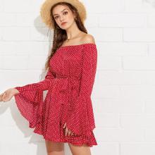 Shein Ruffle Cuff And Hem Polka Dot Bardot Dress