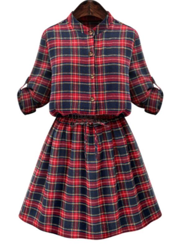 Shein Red Blue Stand Collar Plaid Loose Dress