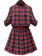 Shein Red Blue Stand Collar Plaid Loose Dress