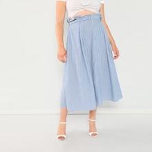 Shein Plus Box Pleated Pinstriped Skirt With Belt