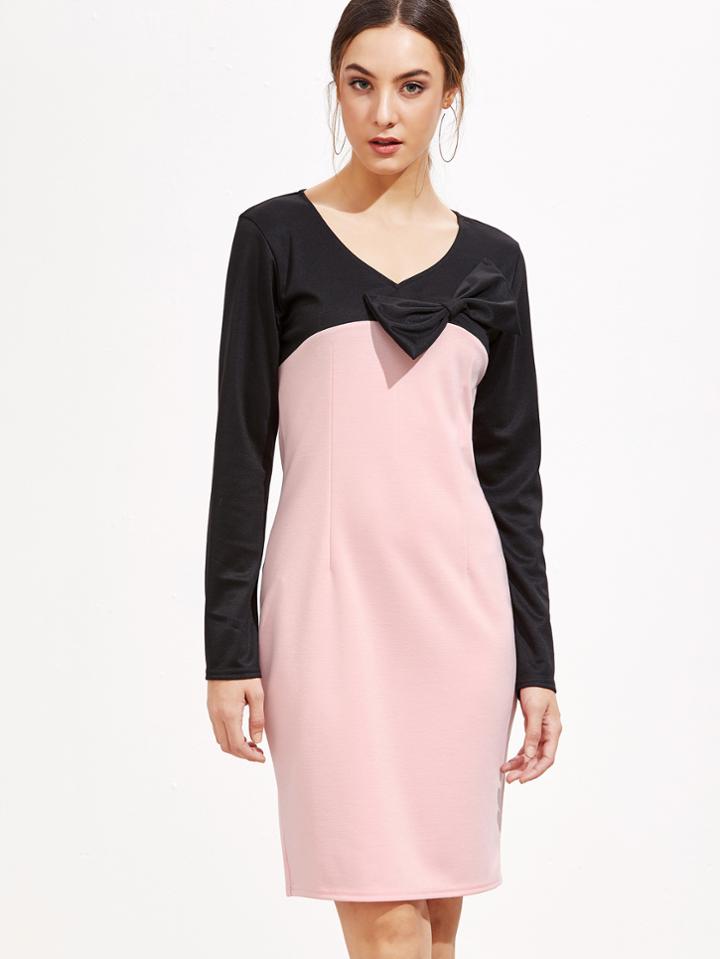 Shein Color Block V Neck Bow Dress