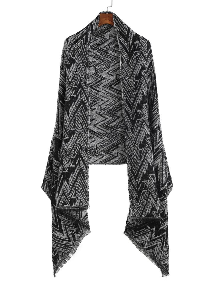Shein Black Wave Print Eyelash Fringe Shawl Scarf