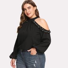 Shein Plus Pearl Beading Halter Cold Shoulder Top