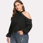 Shein Plus Pearl Beading Halter Cold Shoulder Top