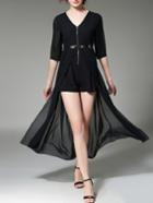 Shein Black V Neck Belted Contrast Gauze Sheer Dress
