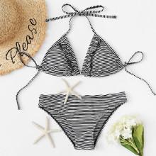 Shein Frill Trim Halterneck Striped Bikini Set