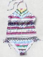 Shein Graphic Print Fringe Trim Halter Tankini Set