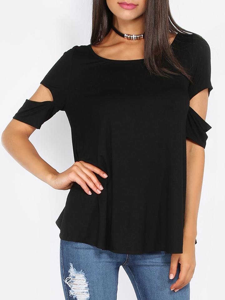 Shein Black Open Back Cut-out Sleeve T-shirt