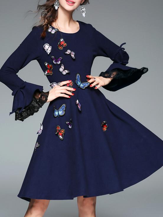 Shein Navy Bell Sleeve Butterfly Applique Dress