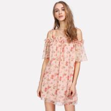 Shein Tie Shoulder Frill Trim Floral Dress