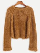 Shein Camel Raglan Sleeve Slit Back Chunky Knit Fuzzy Sweater