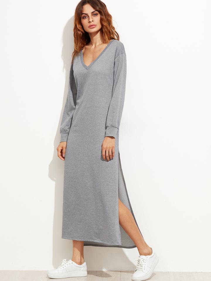 Shein Grey V Neck Open Back Slit Side Sweatshirt Dress