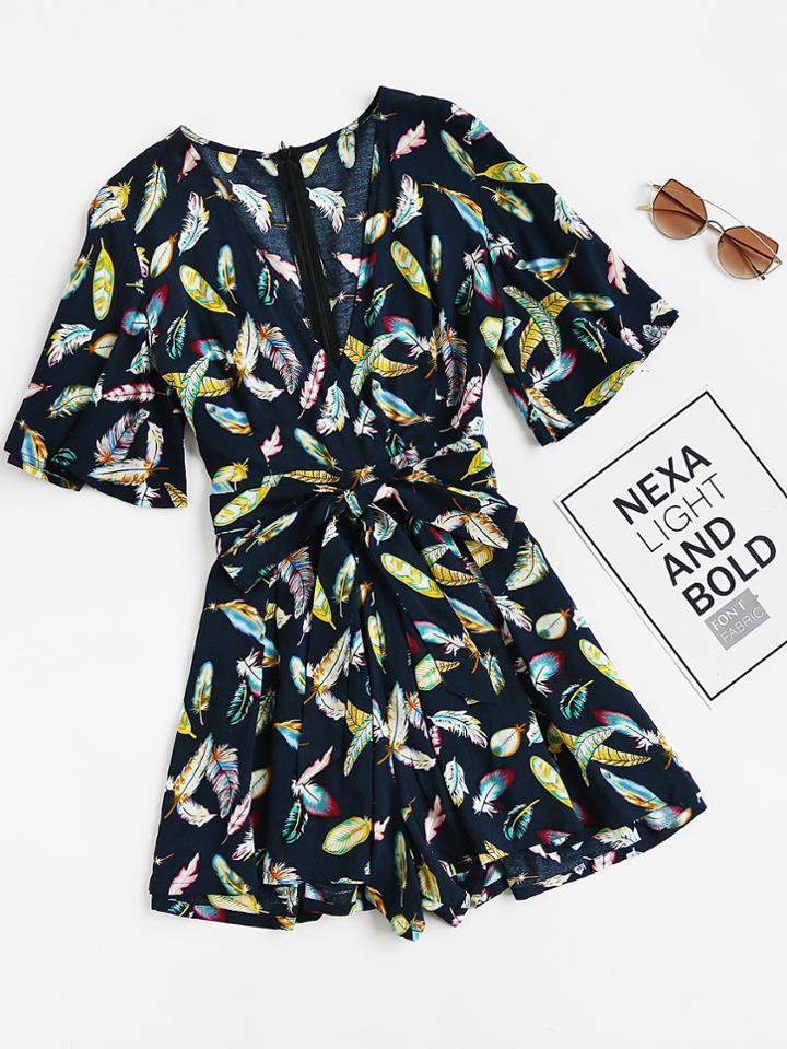 Shein Feather Print Surplice Pleated Wide Leg Playsuit
