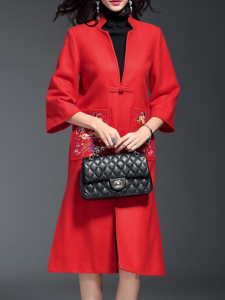 Shein Red V Neck Embroidered Pockets Coat