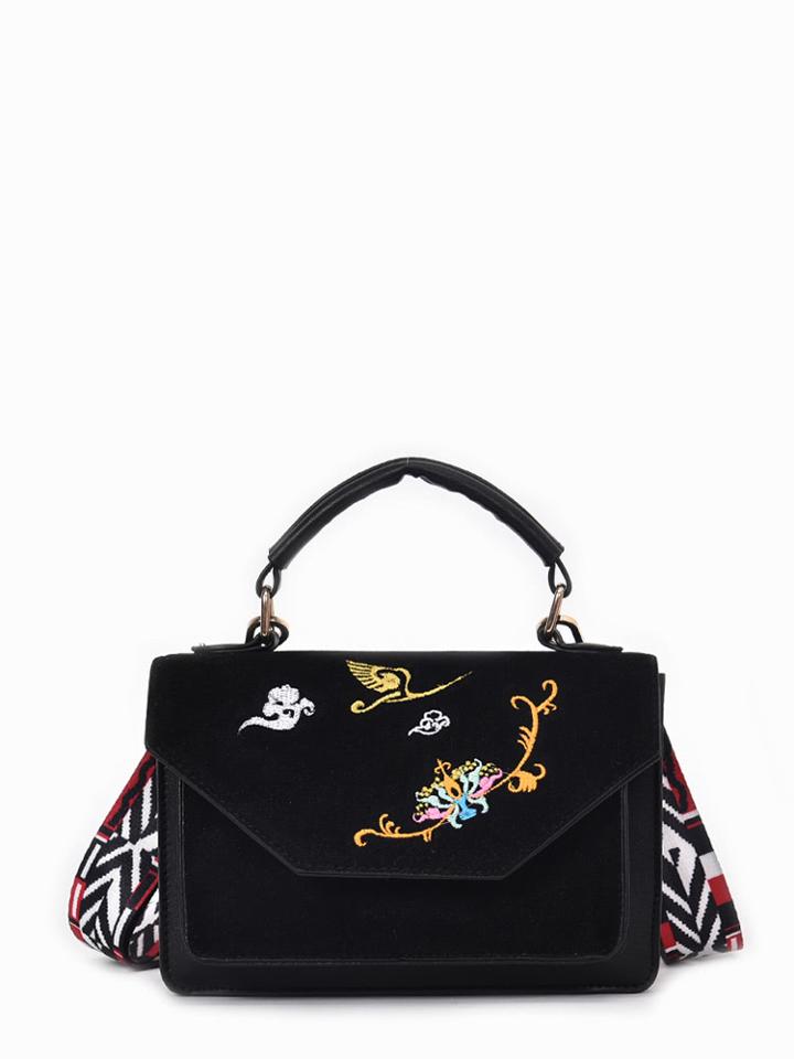 Shein Embroidered Flap Satchel Bag With Guitar Strap