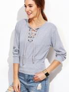 Shein Grey Eyelet Lace Up Sweatshirt
