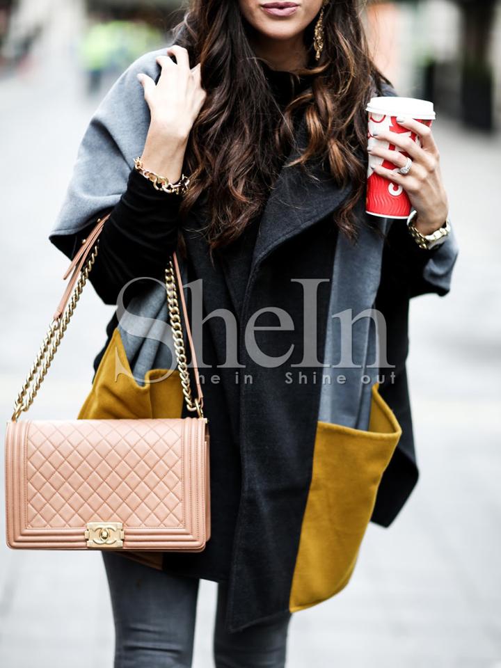 Shein Grey Color Block Pockets Cape