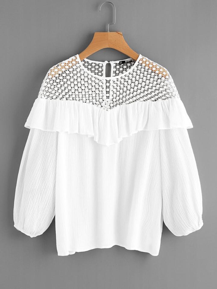 Shein Dot Lace Shoulder Flounce Trim Blouse
