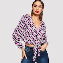 Shein Knot & Button Front Allover Print V-neck Top