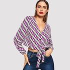 Shein Knot & Button Front Allover Print V-neck Top