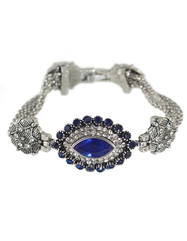 Shein Vintage Style Silver Plated Chain Blue Rhinestone Evil Eye Ladies Bracelet Models