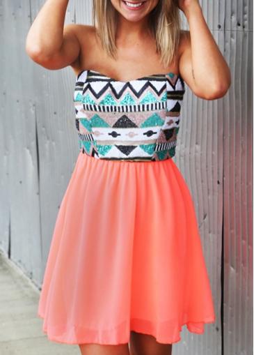 Rosewe Strapless Geometric Print Chiffon A Line Dress
