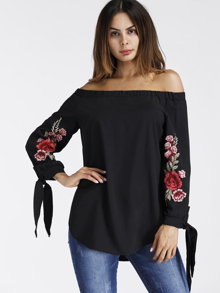 Shein Bardot Embroidered Appliques Tie Cuff Top