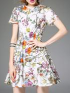 Shein Multicolor Tie Neck Elastic-waist Floral Dress