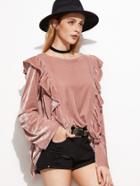 Shein Pink Bell Sleeve Ruffle Trim Velvet Top