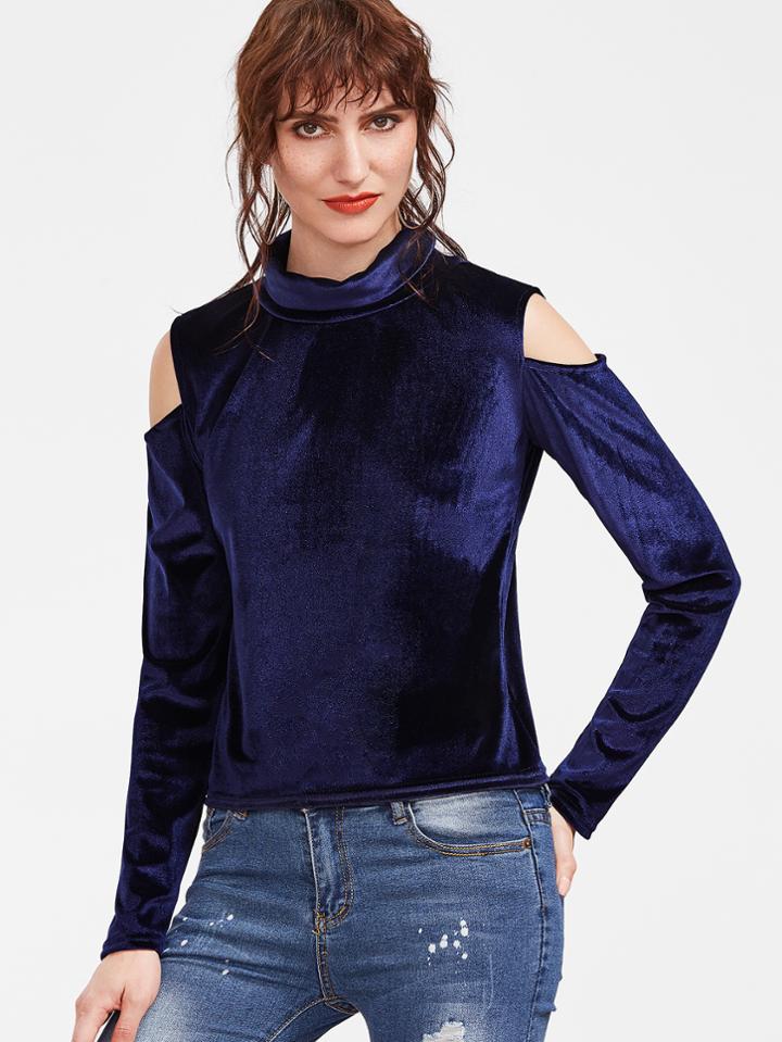 Shein Navy Cut Out Shoulder Velvet T-shirt